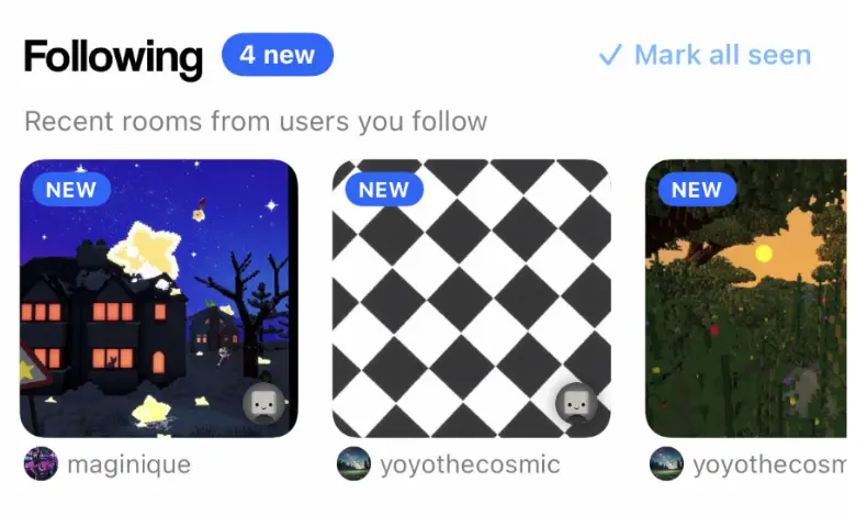 The Following row with new rooms from creators you follow